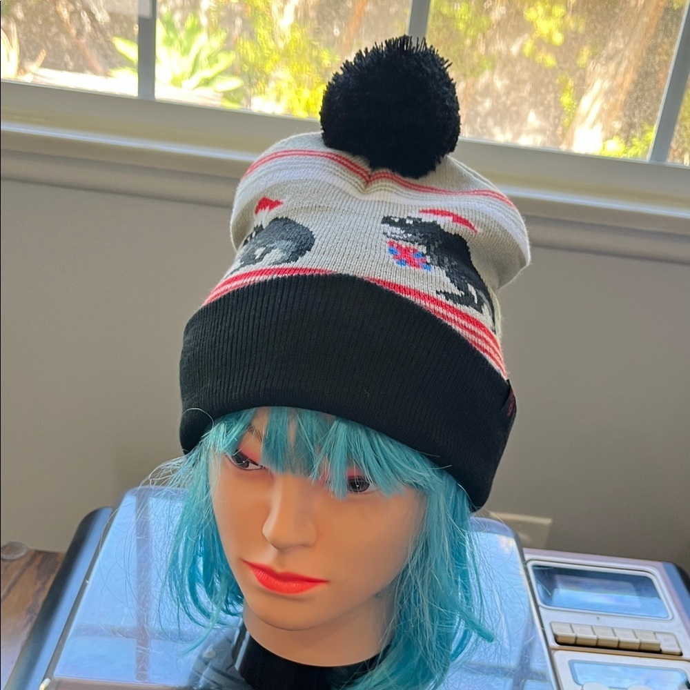 Black and White Beanie with Dinosaur Design